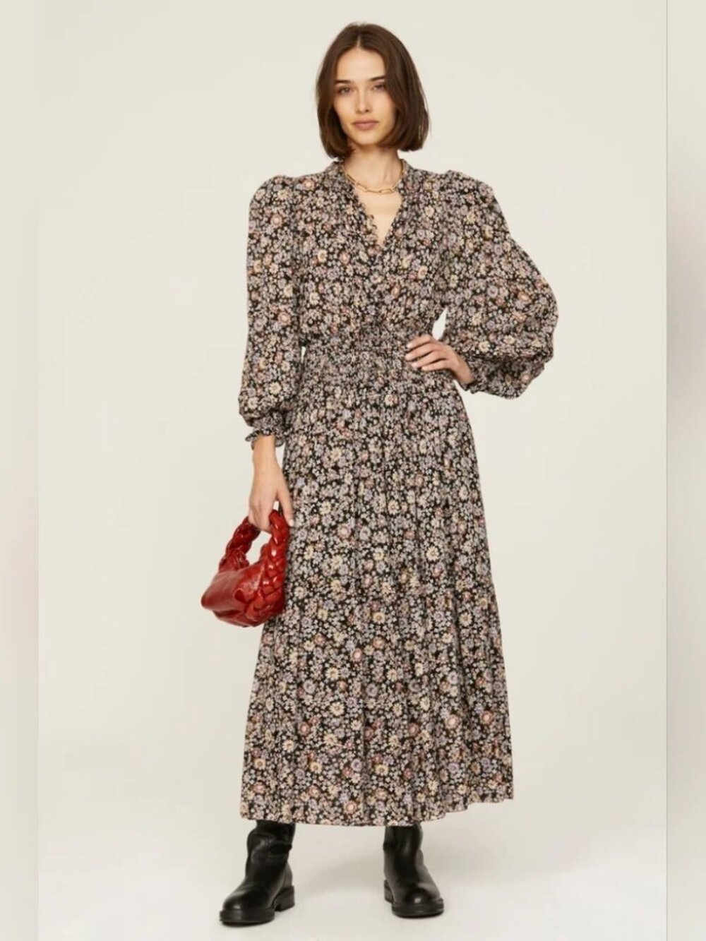 SEA New York Carson Dress Fall Floral midi Smocked Waist Puff Sleeve Maxi MED